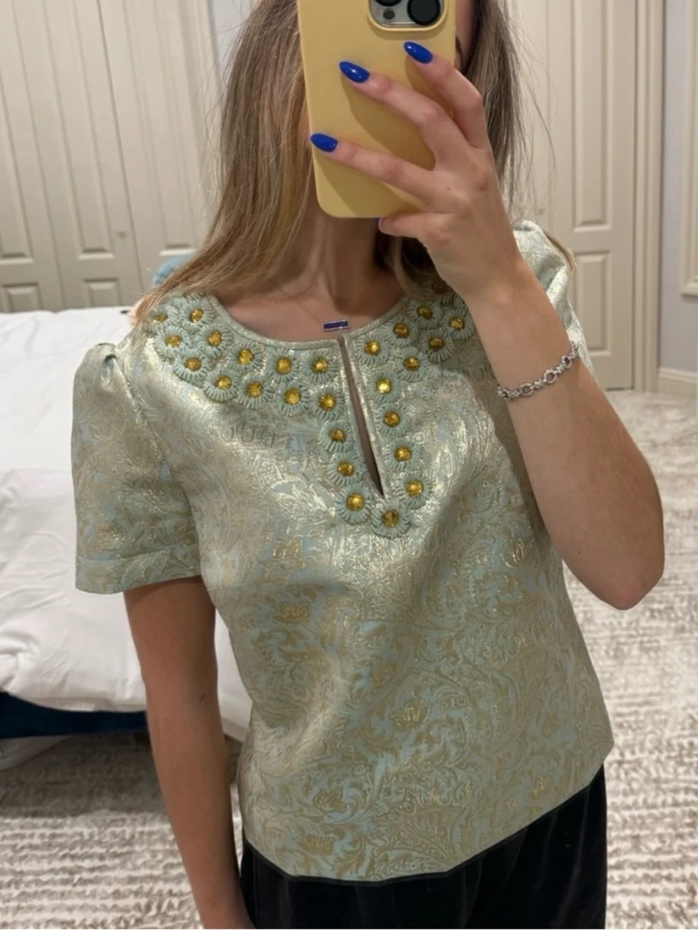 Vintage Tory Burch Lola Seafoam Green Metallic Jacquard Embellished Silk Top 6